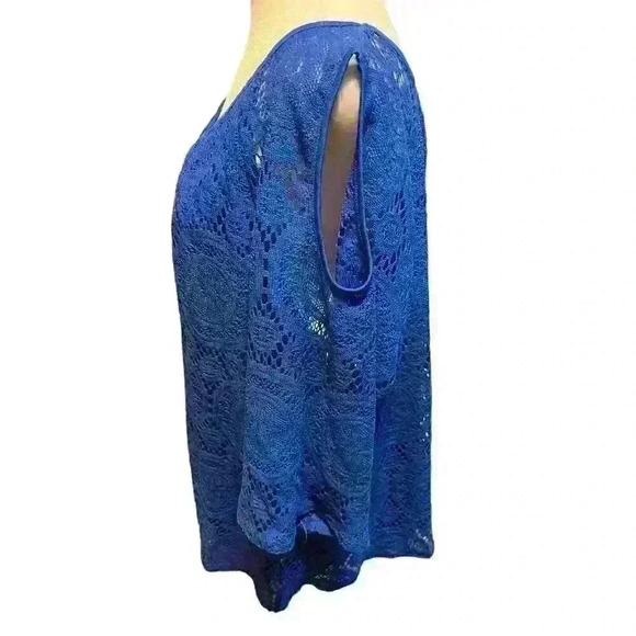 Roz & Ali Women's 3X Cold Shoulder Blouse Blue Lace Design 3/4 Sleeves - Picture 3 of 6